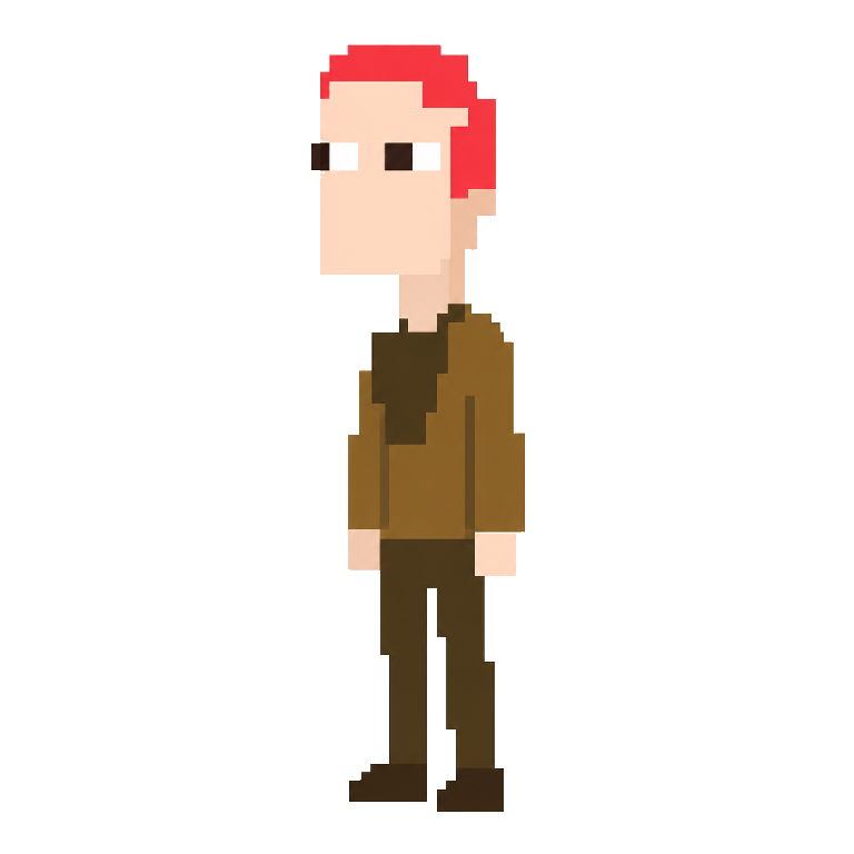 Red-haired pixel-art character in brown clothes, standing with his arms at his sides.